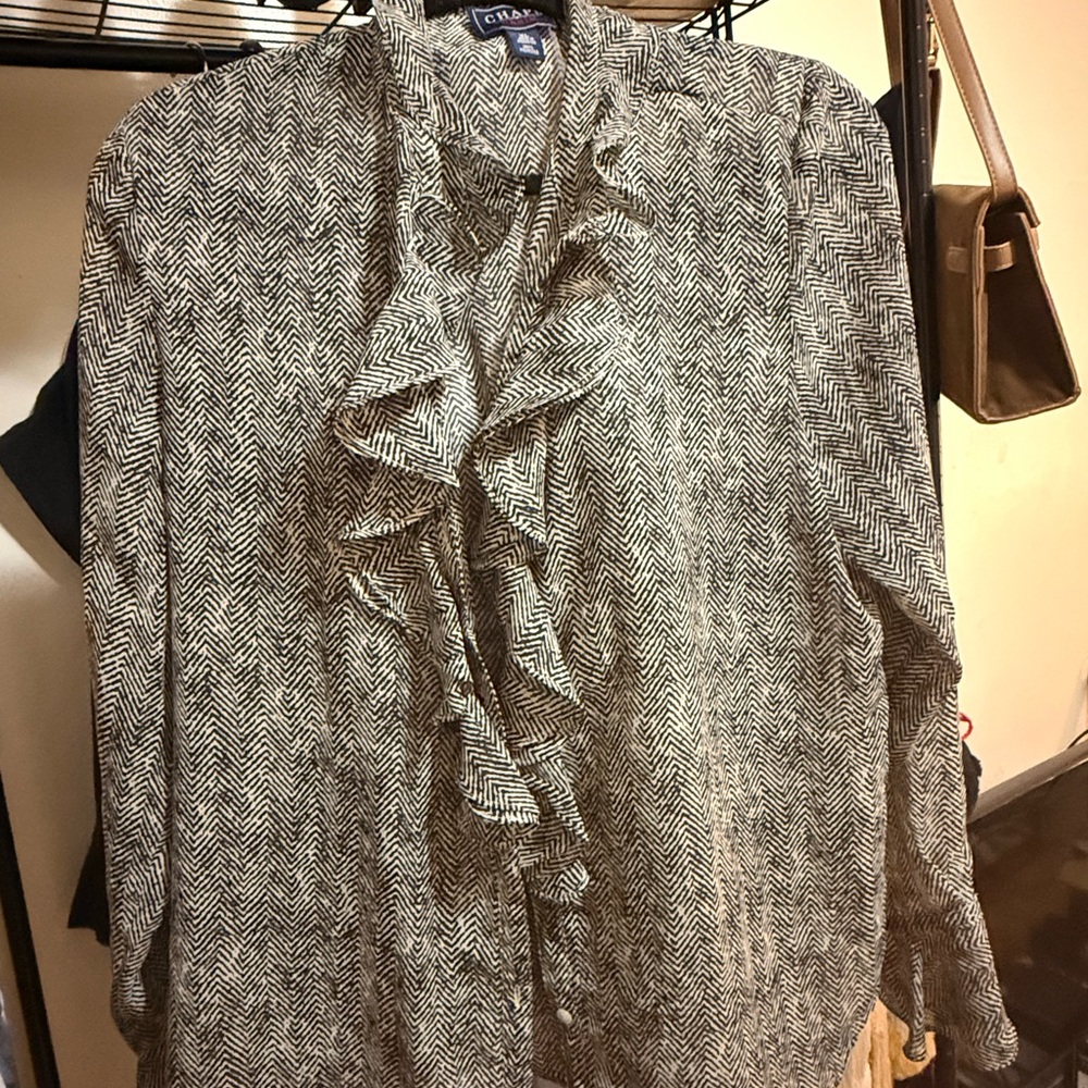 Chaps Black and White Chevron Ruffle Blouse sheer